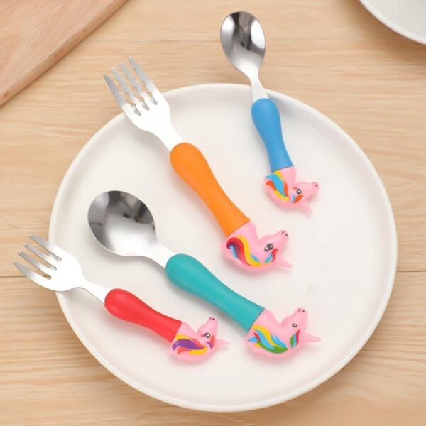 Unicorn Family Stainless Steel Spoon & Fork Set for Kids - Cartoon Theme (Multicolor) - Image 4