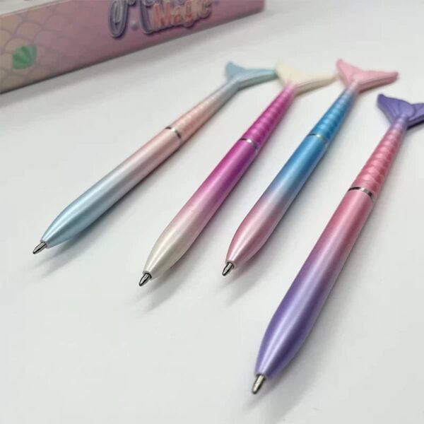 Set of 4 Pastel Holographic Mermaid Ballpoint Pens - 0.5mm Blue Ink, Refillable Twist Design - Image 3