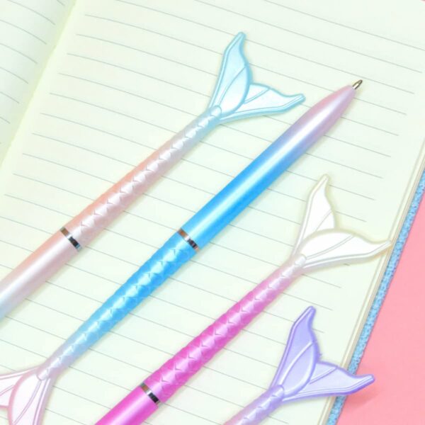 Set of 4 Pastel Holographic Mermaid Ballpoint Pens - 0.5mm Blue Ink, Refillable Twist Design - Image 2