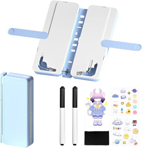 Multi-Function Blue Pencil Box for Girls - Includes Book Stand, Whiteboard, Marker, and Storage