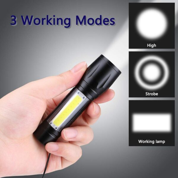 Ekan Sun Light LED Mini Waterproof Flashlight - 3 Modes, Pen Clip, Hanging Rope, Portable, Small Size (Black) - Image 2