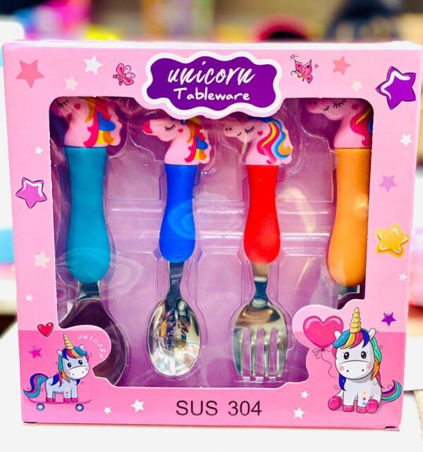 Unicorn Family Stainless Steel Spoon & Fork Set for Kids - Cartoon Theme (Multicolor)