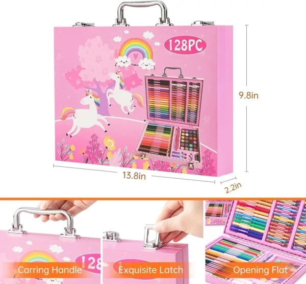 128-Piece Unicorn Pink Kids' Drawing Kit: Watercolor, Oil Pastel, Colored Pencils, Sketches, Acrylics - Image 4