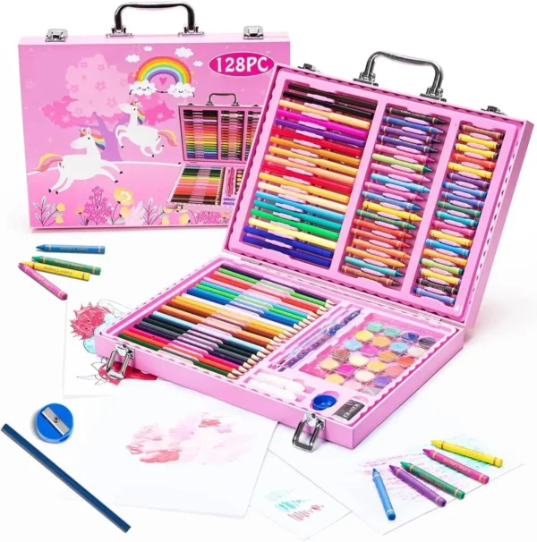 128-Piece Unicorn Pink Kids' Drawing Kit: Watercolor, Oil Pastel, Colored Pencils, Sketches, Acrylics