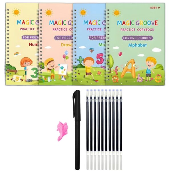 Sank Magic Practice Copybook Set - 4 Books, 10 Refills, Pen, and Grip for Preschoolers