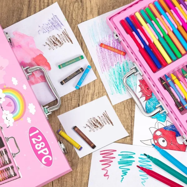 128-Piece Unicorn Pink Kids' Drawing Kit: Watercolor, Oil Pastel, Colored Pencils, Sketches, Acrylics - Image 2