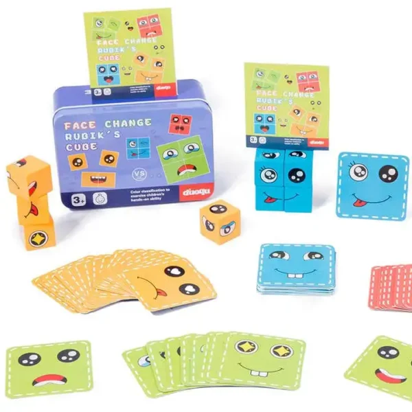 Wooden Emoji Face-Changing Cube Puzzle for Kids 3+ - Includes 16 Cubes, 72 Challenge Cards, Iron Box & Manual | Family Board Game