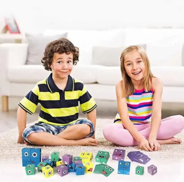 Wooden Emoji Face-Changing Cube Puzzle for Kids 3+ - Includes 16 Cubes, 72 Challenge Cards, Iron Box & Manual | Family Board Game - Image 2