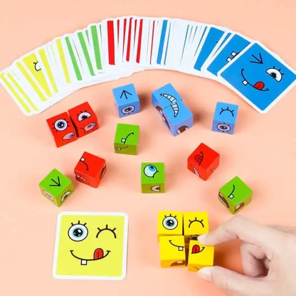 Wooden Emoji Face-Changing Cube Puzzle for Kids 3+ - Includes 16 Cubes, 72 Challenge Cards, Iron Box & Manual | Family Board Game - Image 3