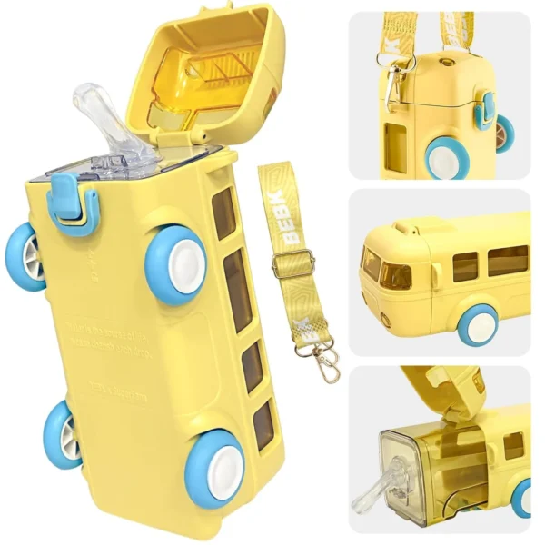 Yellow Bus-Shaped Leak-Proof Kids' Water Bottle with Strap and Wheels