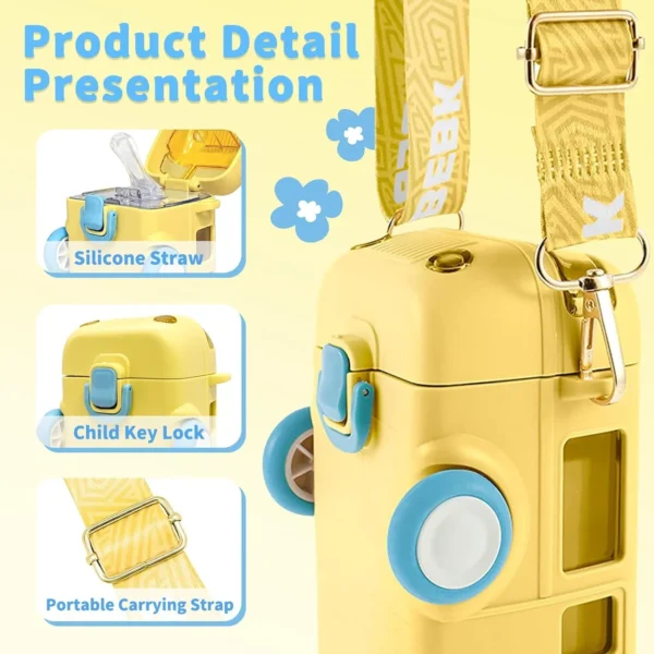 Yellow Bus-Shaped Leak-Proof Kids' Water Bottle with Strap and Wheels - Image 2