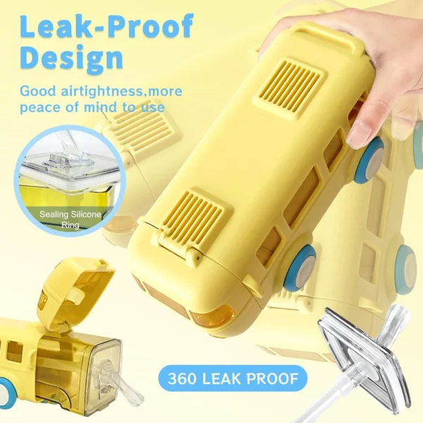 Yellow Bus-Shaped Leak-Proof Kids' Water Bottle with Strap and Wheels - Image 3