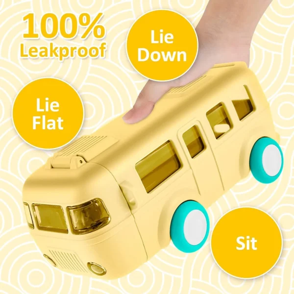 Yellow Bus-Shaped Leak-Proof Kids' Water Bottle with Strap and Wheels - Image 4