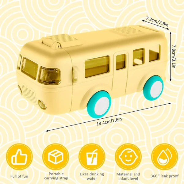 Yellow Bus-Shaped Leak-Proof Kids' Water Bottle with Strap and Wheels - Image 6