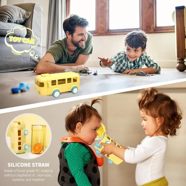 Yellow Bus-Shaped Leak-Proof Kids' Water Bottle with Strap and Wheels - Image 7