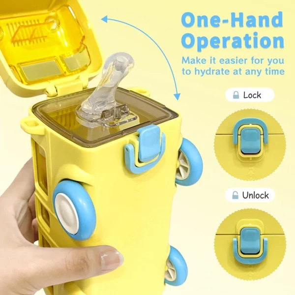 Yellow Bus-Shaped Leak-Proof Kids' Water Bottle with Strap and Wheels - Image 8