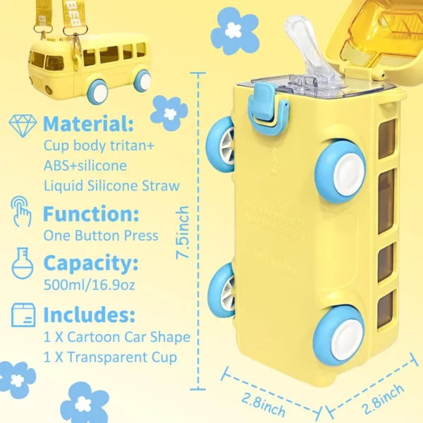 Yellow Bus-Shaped Leak-Proof Kids' Water Bottle with Strap and Wheels - Image 9